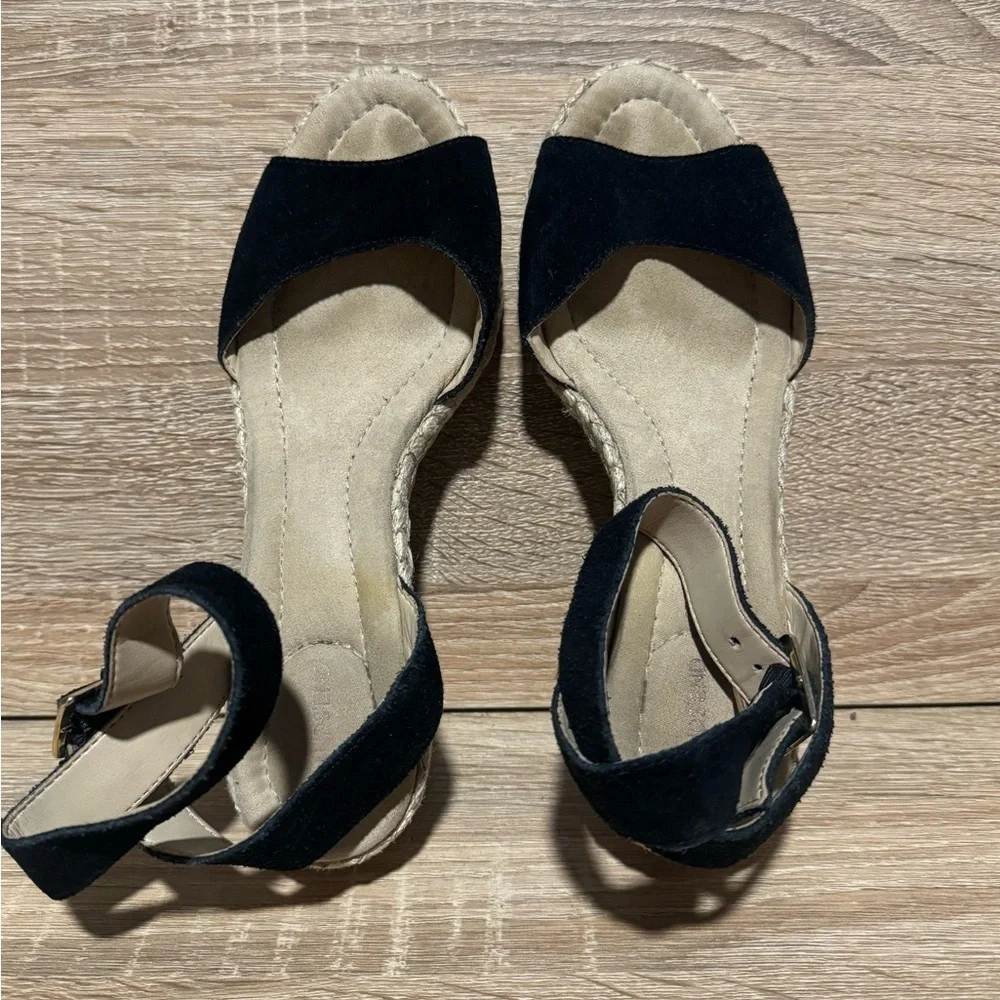 Lands End Womens Black Espadrilles Wedge Heels Sandals Size 6.5 Ankle Strap